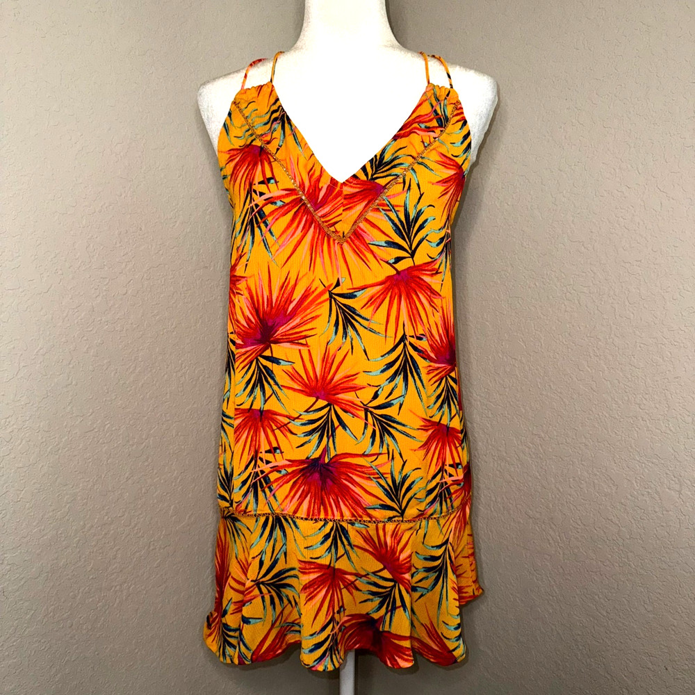 Xhilaration Mini Dress Women's Small Orange Tropical Leaves V-Neck‎ Resort Wear